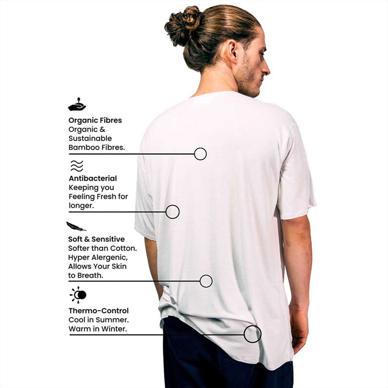 May include: A white t-shirt made from organic and sustainable bamboo fibers. The shirt is soft and breathable, and it has antibacterial properties to keep you feeling fresh. It also features thermo-control technology to keep you cool in the summer and warm in the winter.