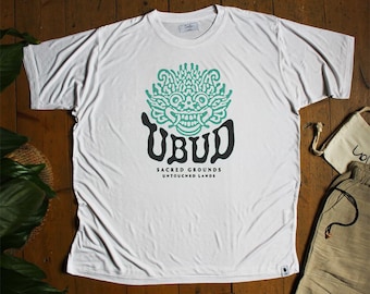 Camiseta de bambú orgánico, camiseta de Ubud, Bali, camiseta gráfica de Sacred Grounds, arte de máscara balinesa, camiseta de viaje espiritual, ropa de yoga bohemia