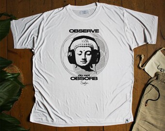 Camiseta de bambú orgánico, camiseta "Observa, no absorbas", camiseta con cita sobre la atención plena, estampado de auriculares de Buda, camiseta de arte para la meditación espiritual