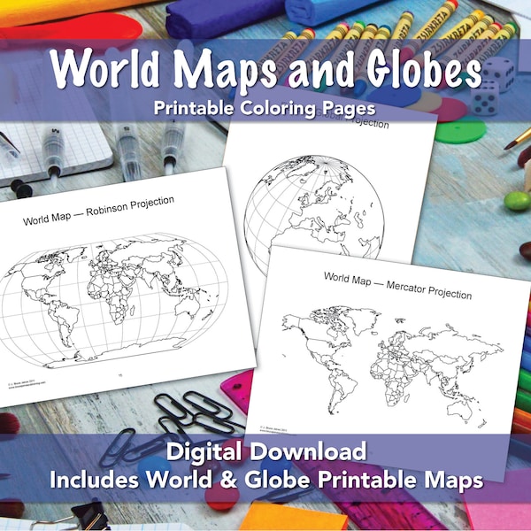 World Maps and Globes PDF Printable Coloring Pages, Blank, Outline Maps for Coloring, Homeschool and Education