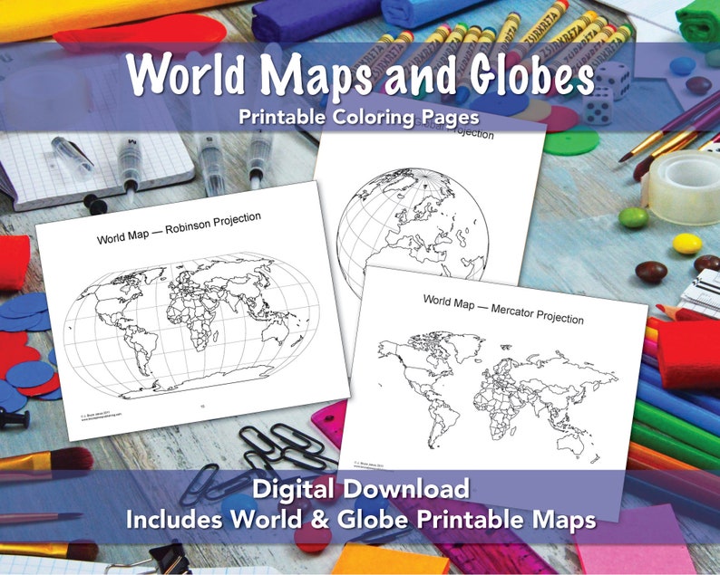 World Maps and Globes PDF Printable Coloring Pages, Blank, Outline Maps