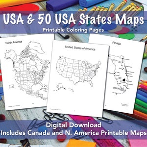 Cartes des États-Unis et les 50 États des États-Unis PDF Map Pages à colorier imprimables, vierges, cartes muettes pour la coloration, l’école à la maison et l’éducation