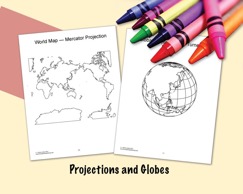 World Maps and Globes PDF Printable Coloring Pages, Blank, Outline Maps