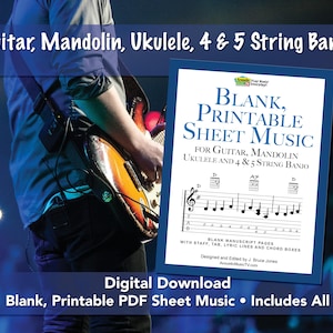 May include: A digital download for blank, printable sheet music for guitar, mandolin, ukulele, and 4 & 5 string banjo. The cover features a musical staff with notes and a guitar tab.