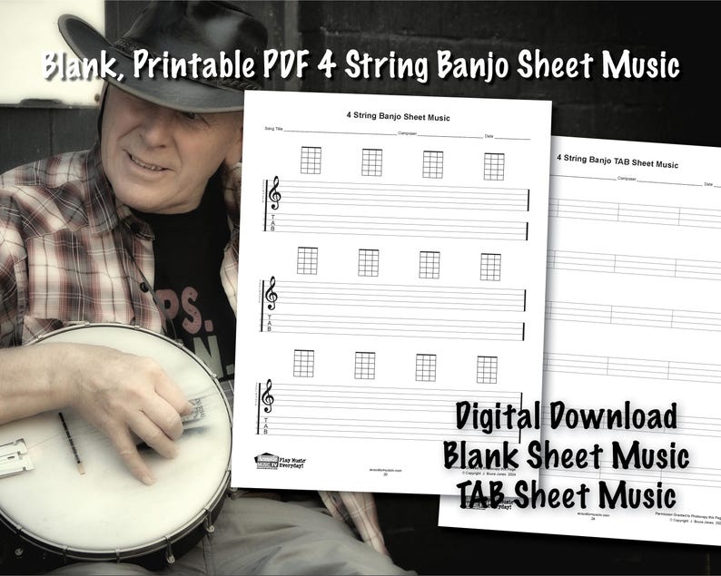 Blank, Printable PDF Sheet Music for Guitar, Mandolin, Ukulele and 4 ...