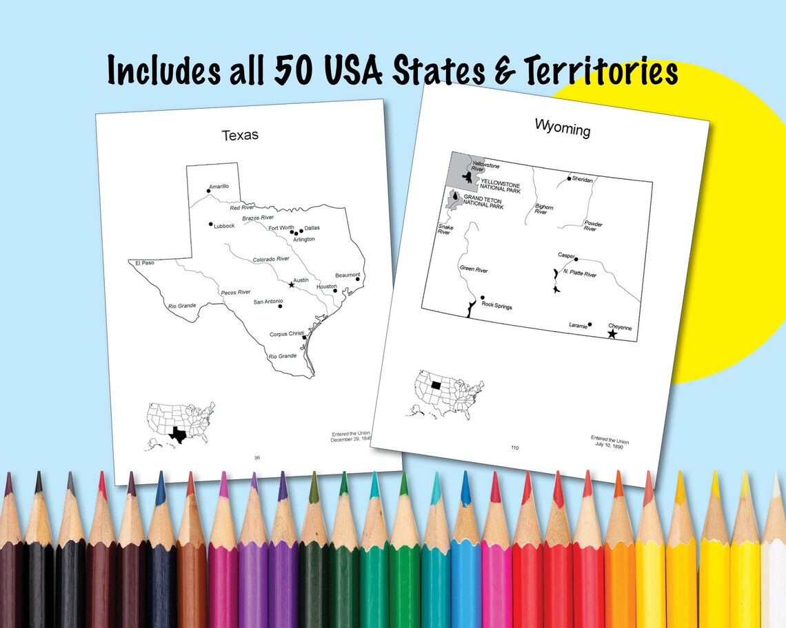USA Maps and the 50 USA States PDF Map Printable Coloring Pages, Blank ...