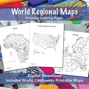 Weltkarten als PDF zum Ausmalen, als Umriss, zum Ausmalen, Weltregionen, Kontinente, Hochland, USA, Kanada