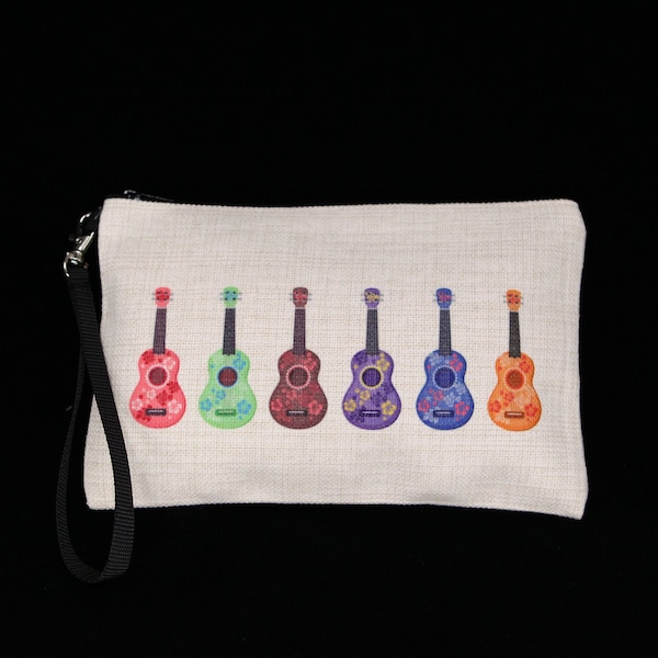 Large Zippered Pouch - Linen - 6 Colored Ukeleles - 6"x9" - cosmetic bag, small purse, toiletry, storage, case