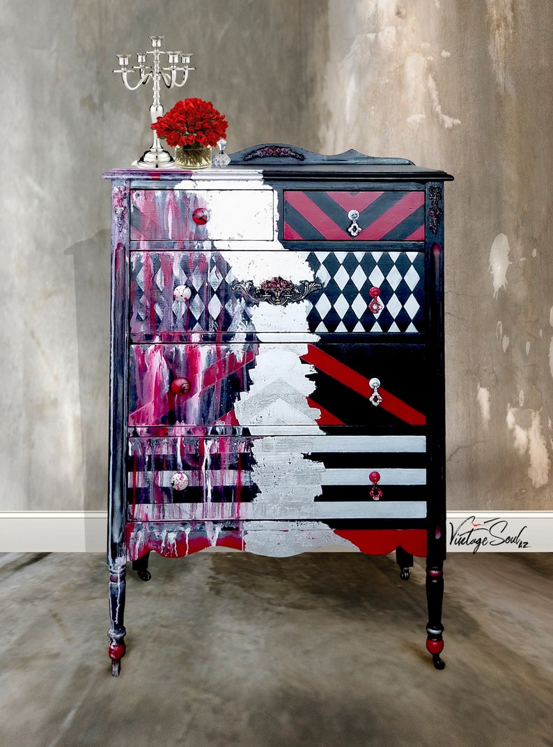 Funky Artistic Vintage 4 Drawer Dresser In Red Black And Etsy