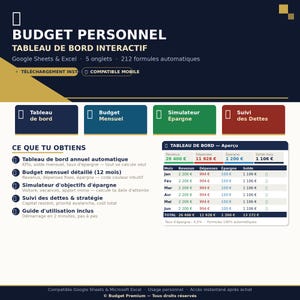 May include: A digital financial dashboard with the title "BUDGET PERSONNEL" in white text on a dark blue background. The dashboard includes sections for monthly budgets, savings simulations, and debt tracking. It features a table with revenue, expenses, and savings data.