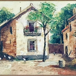 May include: A painting of a small village scene with a white building, green trees, and a dirt road. There are birds in the foreground and the artist's signature "L. KOHN" is in the bottom left corner.