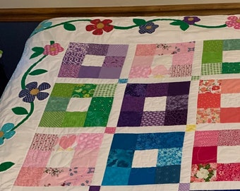 Homemade Queen Size Quilt Brightly Colored with Applique Flowers