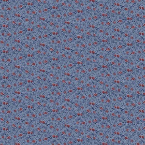 May include: A repeating pattern of small red flowers and dark blue leaves on a light blue background. The floral design is dense and covers the entire surface, creating a textured appearance.