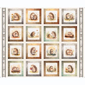 May include: A fabric panel featuring a grid of sixteen square images. Each image depicts a watercolor hedgehog in various poses, some with flowers or other hedgehogs. The color palette includes soft browns, greens, and creams.