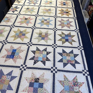 Homemade Navy and White Patchwork Stars Queen Size Quilt Custom Order