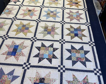 Homemade Navy and White Patchwork Stars Queen Size Quilt Custom Order