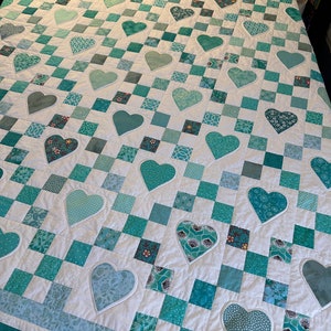 Teal Homemade Queen Size Heart and Nine Patch