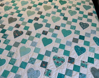 Teal Homemade Queen Size Heart and Nine Patch