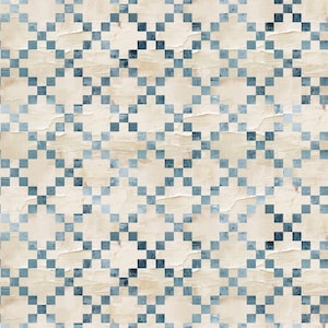 May include: A repeating pattern of blue squares arranged in a diagonal grid over a textured, off-white background. The squares vary in shade, creating a subtle gradient effect. The overall design has a vintage or distressed aesthetic.