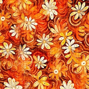 May include: A repeating pattern of stylized flowers in shades of orange, yellow, and cream. The floral design is set against a textured, swirling background of deep orange and brown, creating a warm, vintage aesthetic. The flowers have multiple petals and dot details.