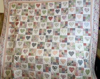 Homemade King Size Pink Shabby Chic Heart and Nine Patch Custom Quilt
