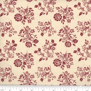 Burgundy Flowers on Cream Old Fashioned Look Cotton Fabric by the Yard Burgundy and Cream Premium Quilting Cotton Fabric Continuous Cut