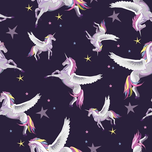 Mystic Unicorns Pegasus on Premium Cotton Fabric Purple Violet Background Flying Unicorn