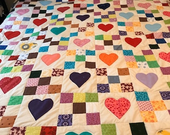 Heart and nine patch queen size quilt