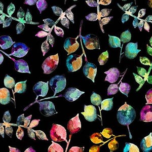 May include: A repeating pattern of watercolor-style leaves and branches in shades of green, blue, purple, orange, and gold against a black background. The leaves vary in shape and size, creating a dynamic and artistic design.