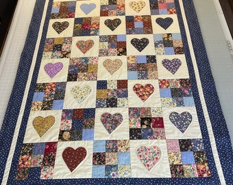 Heart and nine patch quilt Throw Size Multicolor Floral with Blue Border