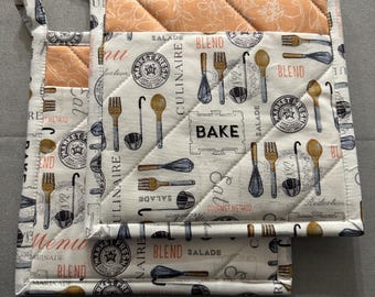 Pair of Kitchen Gray Utensils Coordinating Peach Fabric Pocketed Potholders Hot Pad Pot Holders Handmade Homemade