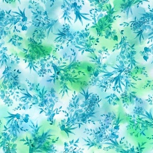 May include: A seamless pattern featuring blue and green watercolor floral designs on a white background. The pattern is perfect for fabric, wallpaper, or other decorative projects.