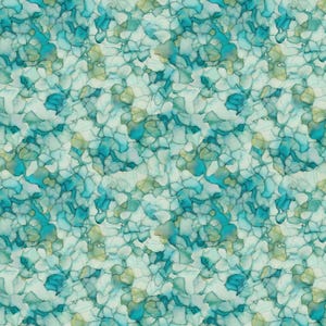 May include: Abstract watercolor pattern in shades of teal, turquoise, and white. The design features irregular, organic shapes with a mottled effect, creating a textured appearance. The overall aesthetic is reminiscent of a mosaic or a natural stone surface.