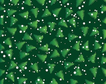 Wispy Christmas Trees With Green Background and White Snowflakes Cotton Fabric