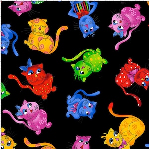 Tossed Cool Cats on Black by Loralie Harris for Loralie Designs Fabric premium cotton fabric