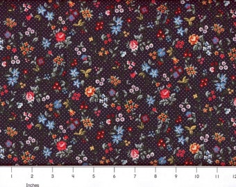 Small Multi Colored Country Florals With Black Background Quilting Cotton Vintage Look Calico
