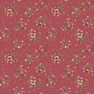 May include: A repeating pattern of floral bouquets in shades of red, pink, yellow, and green on a deep red background. The design features detailed flowers and leaves, creating a vintage or antique aesthetic.