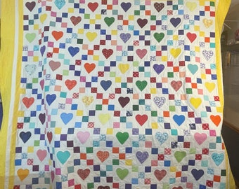 Homemade Queen Size Heart and Nine Patch Custom Quilt