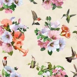Hummingbirds Dating Game Cream Background by Elizabeth Studio Fabrics Premium Quilting Cotton Fabrics by the Yard Continuously Cut
