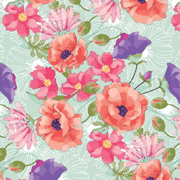 Apricot Grove Spaced Floral Turquoise Background 1649-28981-Q Pink Flowers continuous cut