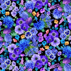 May include: A vibrant floral pattern featuring a dense arrangement of blue, purple, and yellow flowers against a black background. The design includes various flower types, such as dahlias, anemones, and pansies, creating a rich and colorful botanical display.