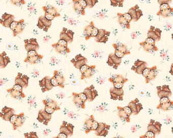 Baby Highland Cows and Flowers on Cream by Timeless Treasure Cotton Highland Cows Quality Cotton Fabric Continuously Cut