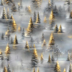 May include: A repeating pattern of evergreen trees set against a soft, misty white background. The trees are rendered in shades of grey and white, with golden yellow highlights on the branches that create a glowing, illuminated effect throughout.