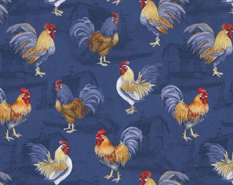 Blue Roosters All Over  Morning Serenade by Susan Winget Collection, by Wilmington Prints Fabrics Premium Cotton Fabrics by the yard