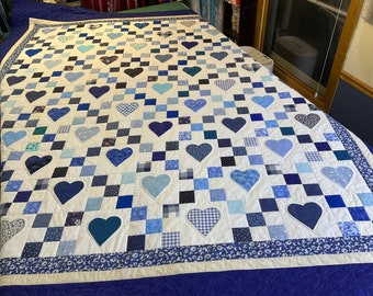 Blue Homemade King Size Heart and Nine Patch