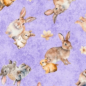 May include: A repeating pattern of watercolor-style rabbits and small flowers on a lavender background. The rabbits are depicted in various poses, with shades of brown, tan, and gray. The flowers are a light beige color.