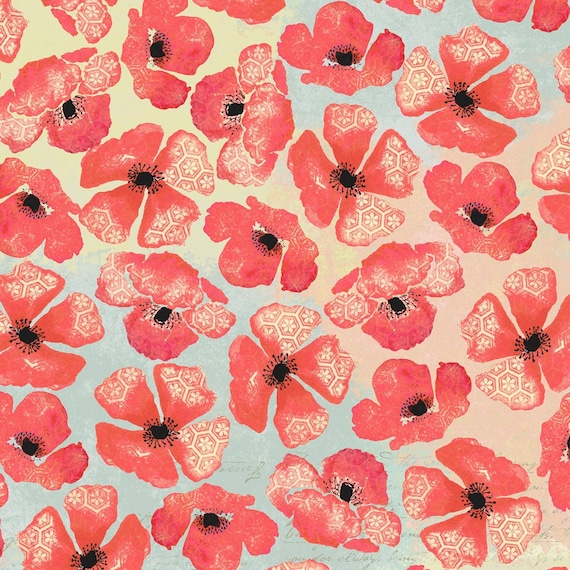 108 inch Multi Poppy Quilt Backs by Windham Collection Wide Premium Cotton Quilt Backing Fabric in Pink and Coral with Light Blue and Cream