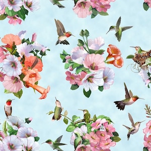 Hummingbirds Dating Game Azure Background by Elizabeth Studio Fabrics Premium Quilting Cotton Fabrics by the Yard Continuously Cut