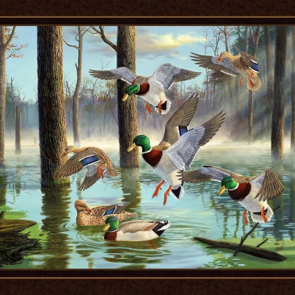 Marsh Ducks Cotton Fabric Panel mallards