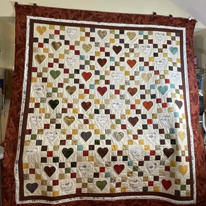 Homemade Queen Size Heart and Nine Patch in Earth Tones